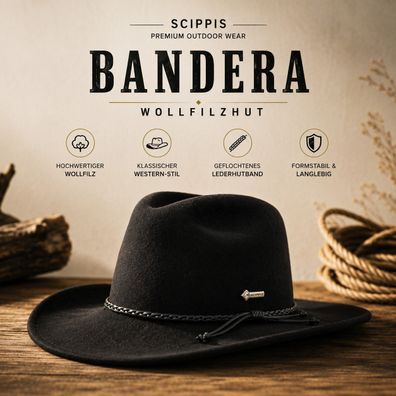 Scippis Bandera Westernhut 100% Wollfilz Premium Outdoor Cowboyhut Schwarz L