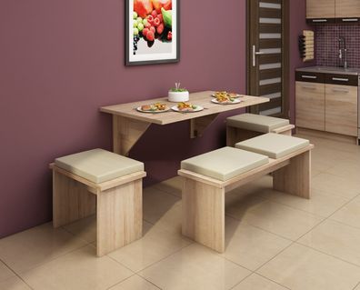 Essgruppe EX9. Klapptisch mit 2 kleineren und einem großen Hocker. Verschiedene Farbe