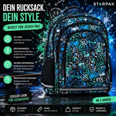 STARPak Schulrucksack Kinderrucksack Mädchen Junge23L Ergonomisch Graffiti Emoji