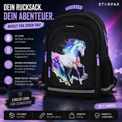 Starpak Schulrucksack Kinderrucksack Mädchen 23L Ergonomisch Pferdemuster