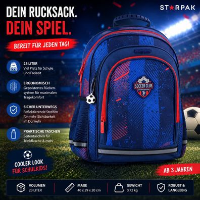 Starpak Schulrucksack Kinderrucksack Jungen 23L Ergonomisch Fußball Blau