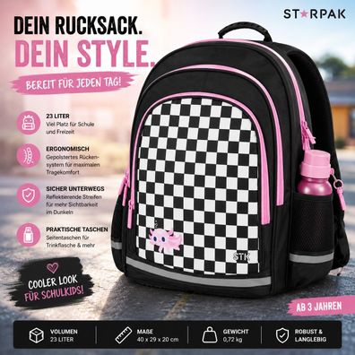 Starpak Schulrucksack Kinderrucksack Mädchen 23L Ergonomisch Schwarz Pink