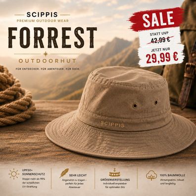 Scippis Forrest Outdoorhut UPF50+ Sonnenhut 100% Baumwolle Safarihut Beige XL
