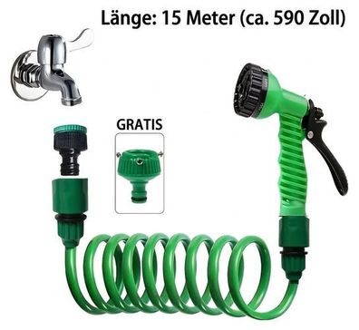 Spiralschlauch Garten 15m Grün - mit 7-Stufen Spritzpistole