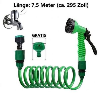 Spiralschlauch Garten 7,5m Grün - mit 7-Stufen Spritzpistole
