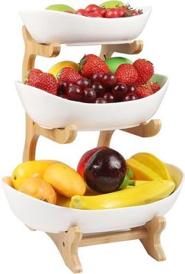 Obstschale 3-stöckig Keramik - mit Holzständer Etagere