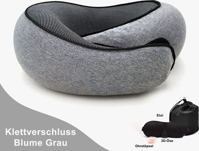 Reise-Nackenkissen Blumengrau - mit Augenmaske Ohrstöpsel
