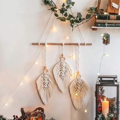 Makramee Wandbehang Boho Blatt-Feder - Wandteppich handgemacht