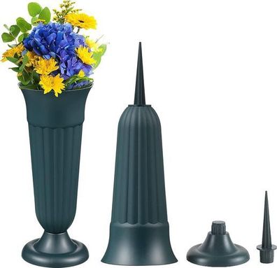 2x Grabvase mit Sockel Grün 33x11cm - Friedhofsvase frostsicher