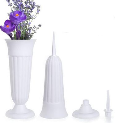 2x Grabvase mit Sockel Weiß 33x11cm - Friedhofsvase frostsicher