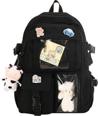Kawaii Rucksack Schwarz 41x29x13cm - Schultasche mit Anhänger