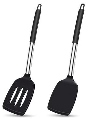 2x Pfannenwender Silikon Schwarz - hitzebeständig Edelstahlgriff