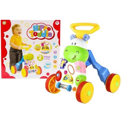 LeanToys Fröhlicher Hippo Lauflernwagen mit Spiegel und Gummirädern