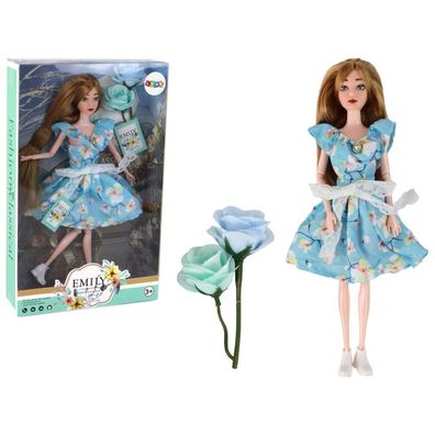 LeanToys Emily Frühlingspuppe für Kinder mit langen Haaren, blauem Kleid und Blume
