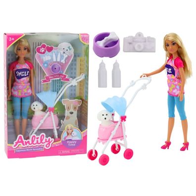 LeanToys Anlily Puppe mit Hund im Kinderwagen, Fläschchen, Napf, Decke und Kamera