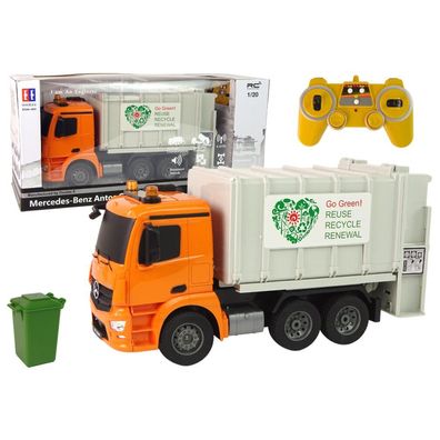 LeanToys Ferngesteuerte Mercedes-Benz Antos Müllwagen Müllabfuhr Orange mit Mülltonne