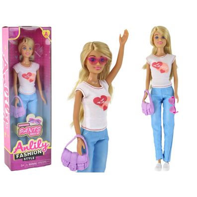 Anlily Kinderpuppe mit langen blonden Haaren, Tasche, Brille und weißer Bluse