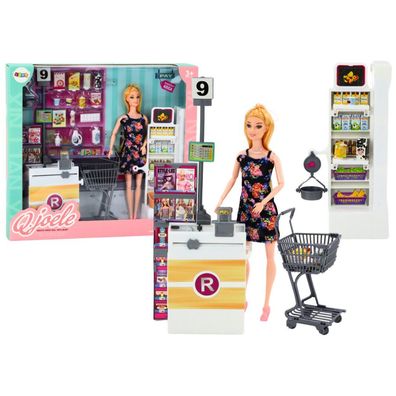 LeanToys Puppenset Supermarkt mit Regalen, Einkaufskorb und Lebensmitteln