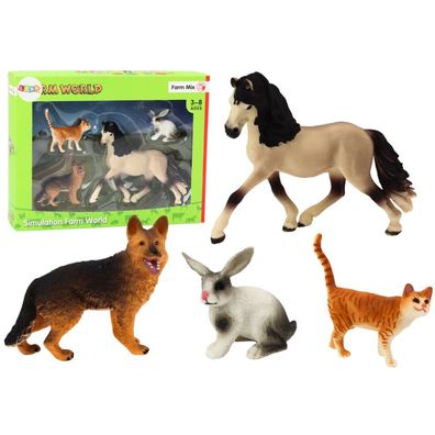 LeanToys Tierfiguren Set Haustiere Pferd Hund Kaninchen Katze 4-teilig