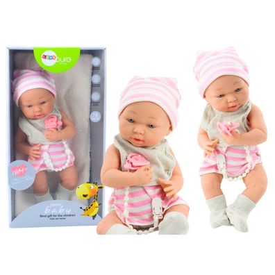 LeanToys Babypuppe im weiß-rosa Outfit mit Mütze, Schnuller, Lätzchen und Decke