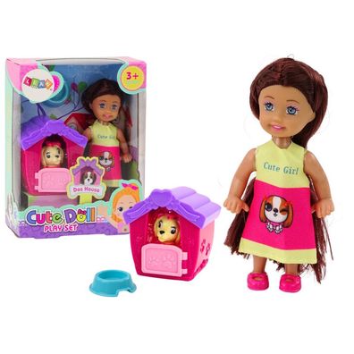 LeanToys Mini-Puppe mit langen Haaren, buntem Kleid, Hund und Hundehütte