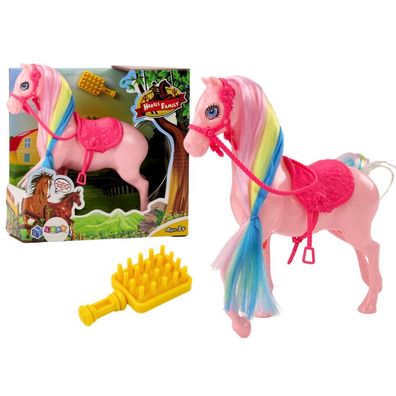 LeanToys Pferdefigur mit rosa Mähne, rosa Sattel und Bürste für den Bauernhof