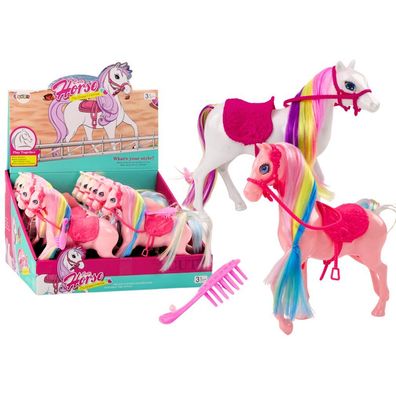 LeanToys Pferdefigur mit rosa Mähne, rosa Sattel und Bürste, Bauernhof, weiß rosa