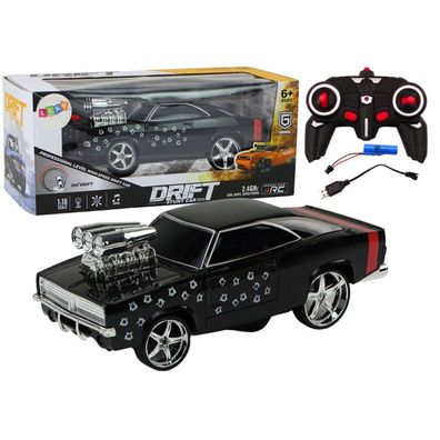 Ferngesteuertes Drift Auto 1:18 mit 360 Grad Drehung, Lichtern und Sound, Schwarz