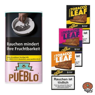 Pueblo Pink Drehtabak 30g Pouch + Al Capone Tobacco Leaf Original, MIXX, GLOW