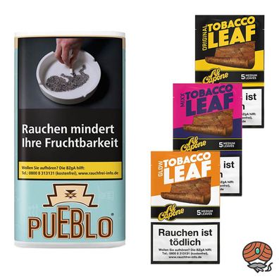 Pueblo Blue Drehtabak 30g Pouch + Al Capone Tobacco Leaf Original, MIXX, GLOW