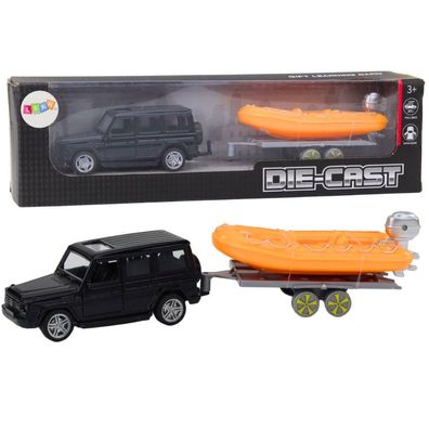 LeanToys Geländewagen Schwarz mit Anhänger und orangefarbenem Boot