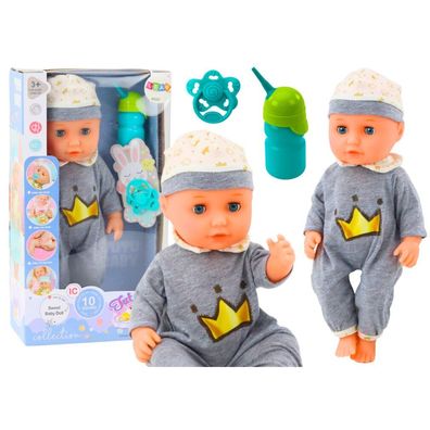 LeanToys Babypuppe in grauem Schlafanzug mit Trinkflasche, Schnuller und Geräuschen