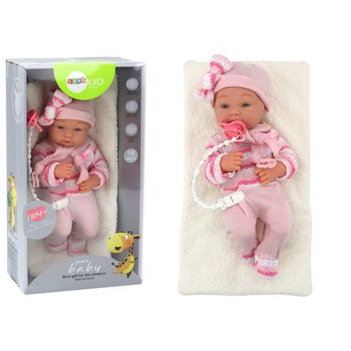 LeanToys Babypuppe mit gestreiftem Pullover, Mütze, Schal und Zubehör, Rosa