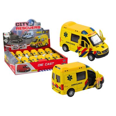 LeanToys Ambulanz 1:32 mit öffnenden Türen, Licht, Sound und Rückziehantrieb, gelb