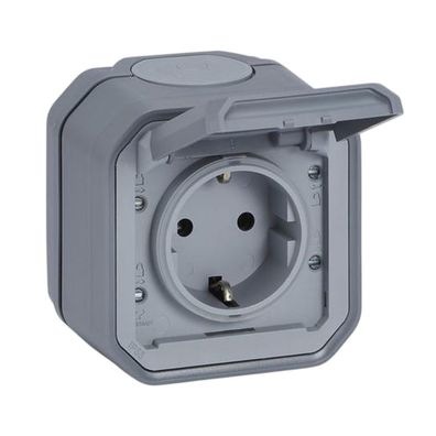 SCHUKO Steckdose 1-fach, Aufputz Feuchtraum, Plexo NEW, mit Klappdeckel