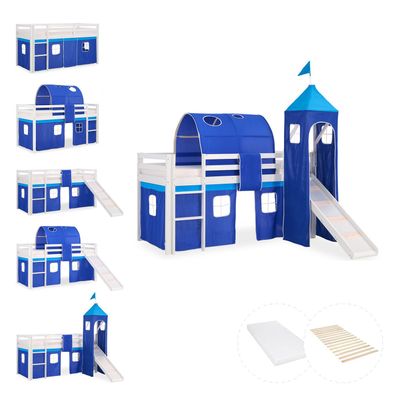 Hochbett 90x200 cm Stockbett Kinderbett Holz Kiefer Vorhang Turm Tunnel blau Rutsc