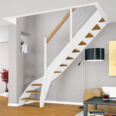 Dolle Raumspartreppe Faro 1/4-gewendelt 243-299cm GH 55-75cm breit Eiche weis Reling