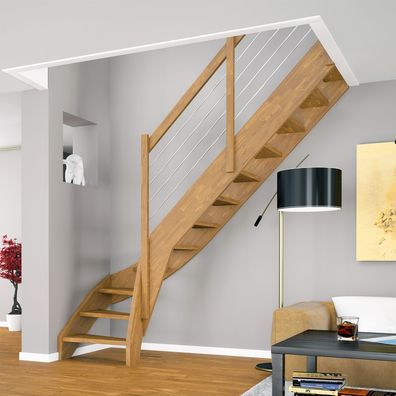 Dolle Raumspartreppe Faro 1/4-gewendelt 243-299cm GH 55-75cm breit Eiche versiegelt