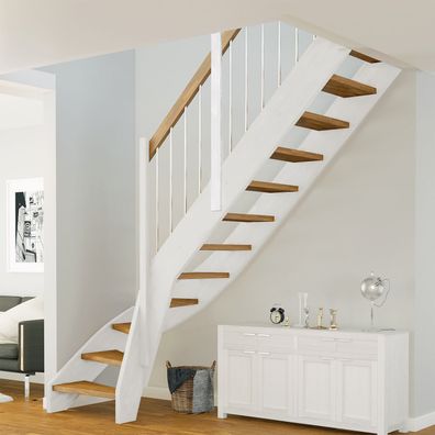 Dolle Raumspartreppe Faro 1/4-gewendelt 243-299cm GH 55-75cm breit Eiche weis Stabge