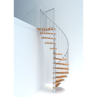 Minka Spindeltreppe Berlin in weis mit Buchenstufen bis 309cm Geschosshoehe Ø120cm