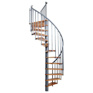Minka Spindeltreppe Berlin in silber mit Buchenstufen bis 309cm Geschosshoehe Ø120c