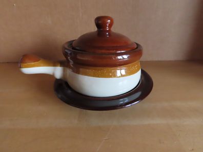 Suppentasse Gulaschtasse Gullaschpfanne mit Untertasse u. Deckel Keramik braun