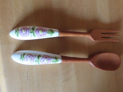 Salatbesteck Holz Griff aus Keramik mit rosa Blumen ca. 26 cm