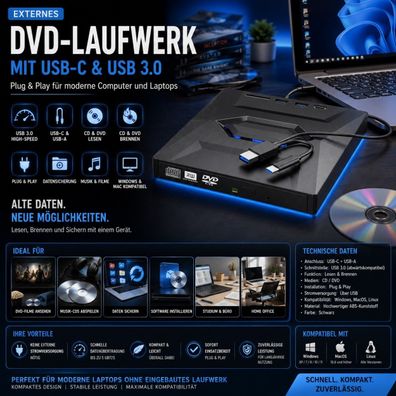 Externes DVD Laufwerk USB 3.0 Type-C 8-in-1 CD DVD Brenner