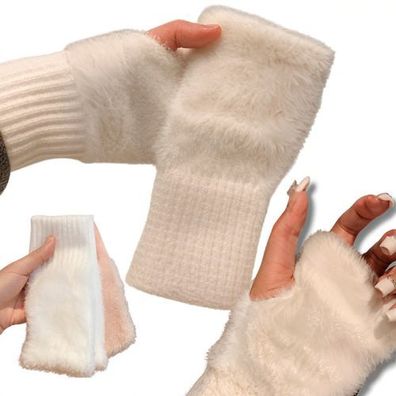 Pulswärmer Weiß gestrickt - fingerlose Handschuhe Winter Damen
