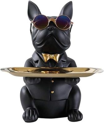 Bulldogge Skulptur Schwarz - Deko Figur mit Aufbewahrungstablett