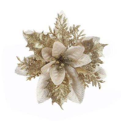 12x Glitzer Weihnachtsblumen Gold 15cm - Weihnachtsbaumschmuck