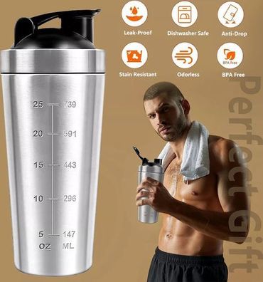 Protein Shaker 750ml Edelstahl - Mixbecher Fitness auslaufsicher