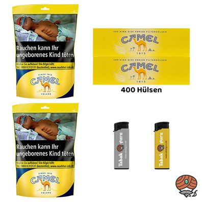 Camel Volumentabak Beutel 2x 91g + 400 Camel Hülsen + 2 Feuerzeuge