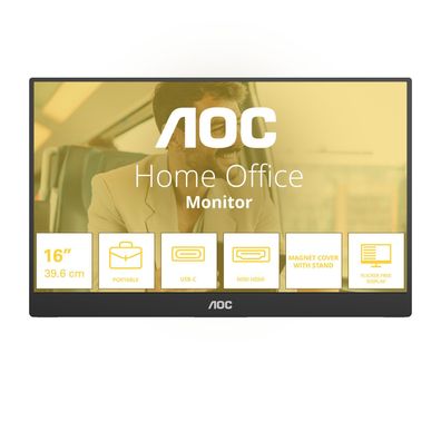 AOC 16T20E2 - 16 Zoll tragbarer Monitor (1920x1080, USB-C Anschluss, Mini HDMI, Lauts